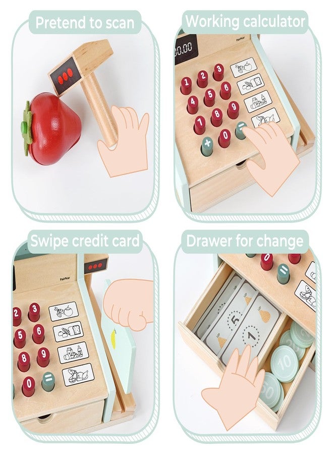 PairPear Wooden Toy Cash Register,Kids Pretend Play Money Counting Toys with Scanner and Credit Card,Toddler Cashier Toy Grocery Play Food Accessory for Pre-School Gift Boys Girls 3+ - Image 4